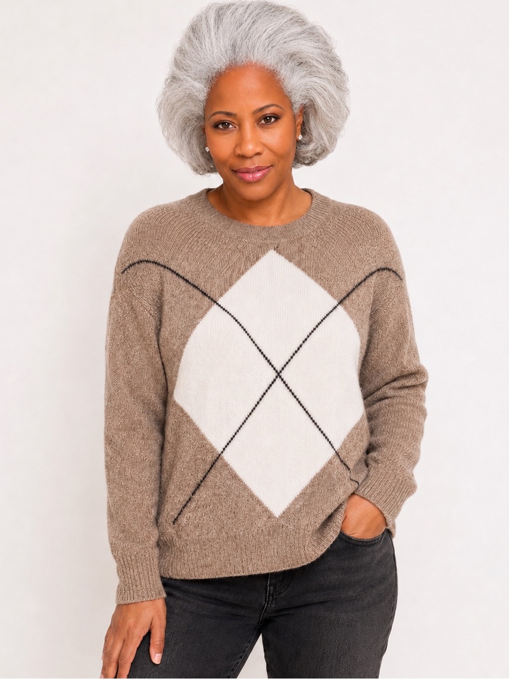 HALOGEN Argyle Crewneck Sweater Taupe XL (Halogen x1) NWT